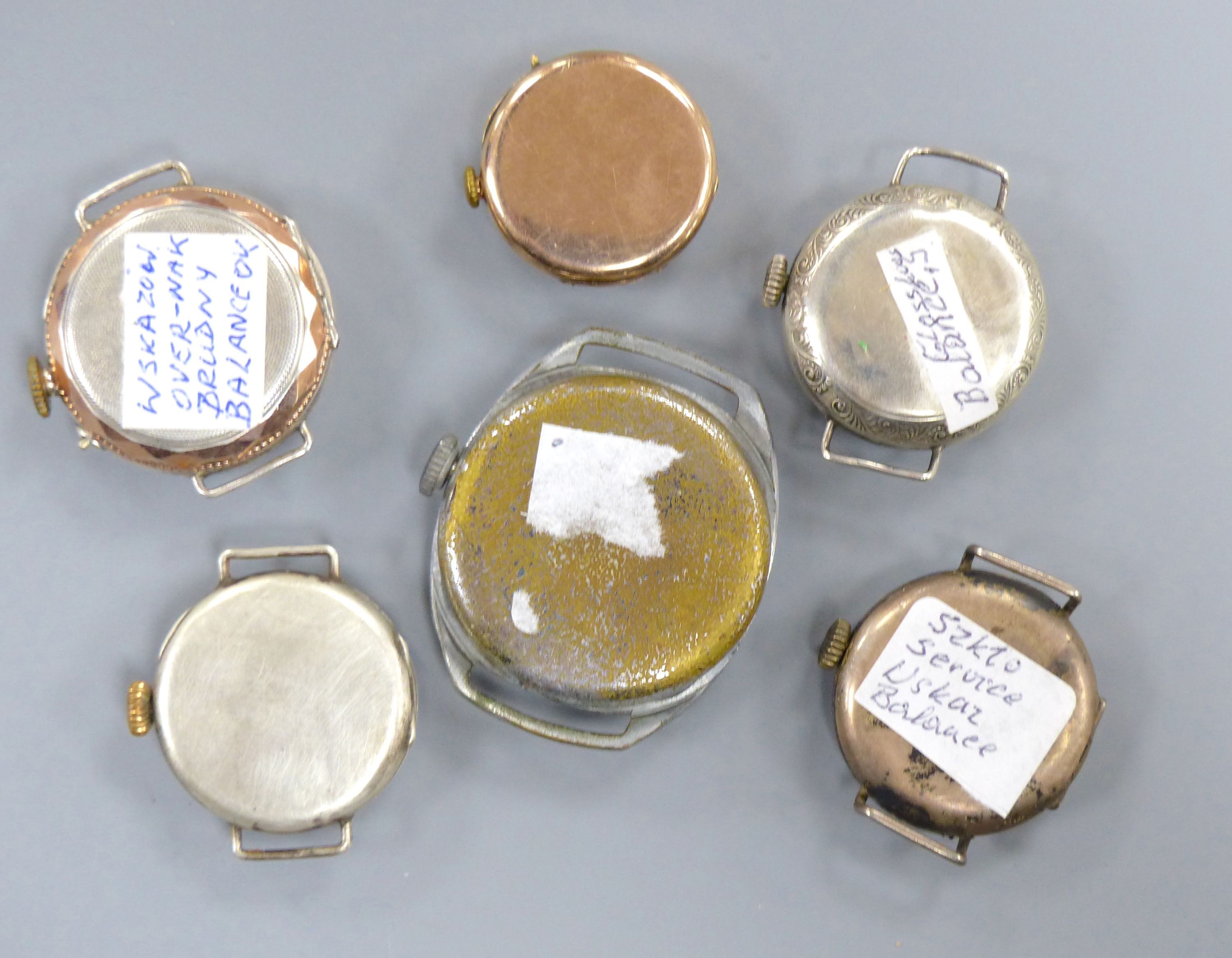 Six assorted wrist watches including a lady's 9ct Rolex(a.f.) and a white metal Medana.